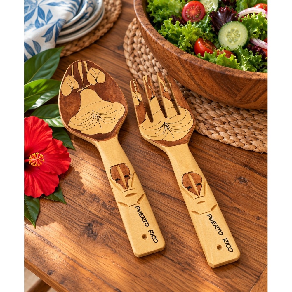 Puerto Rico Hand Carved Wood Salad Servers Spoon Fork 12" Folk Art Souvenir